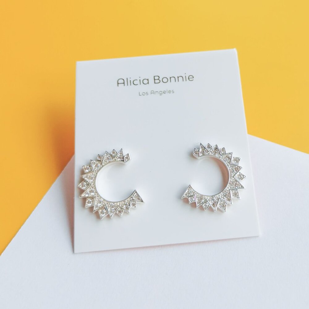 Sunburst Silver White Crystal Hoop Earrings by Alicia Bonnie